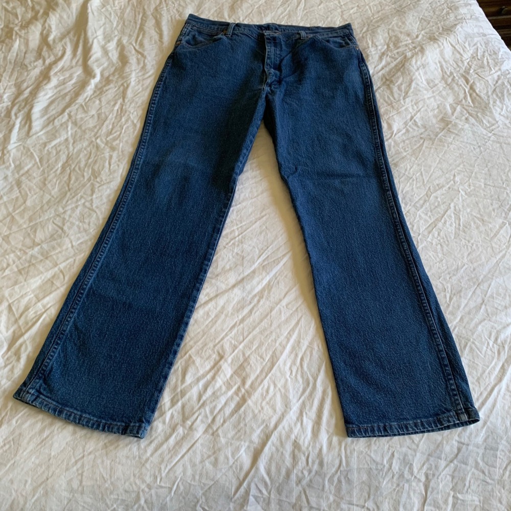 Wrangler 35x30 Jeans Dark Blue 937STR Straight Leg Stretch Denim Western Cowboy
